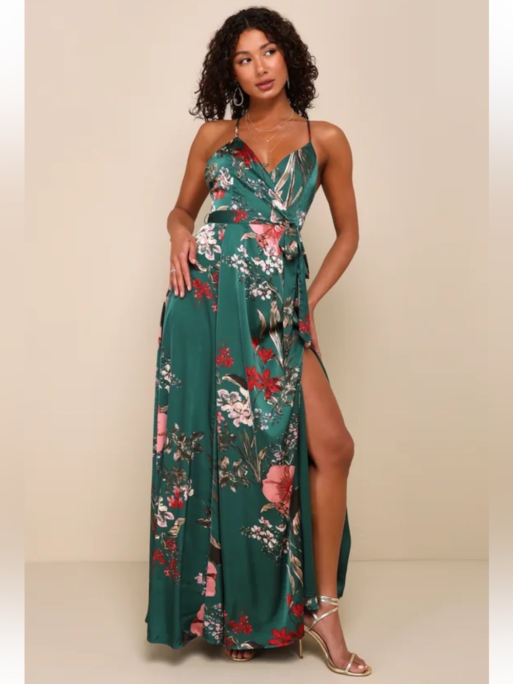 Lulu’s Still the One Emerald Green Floral Print Satin Maxi Dress Sz: XS